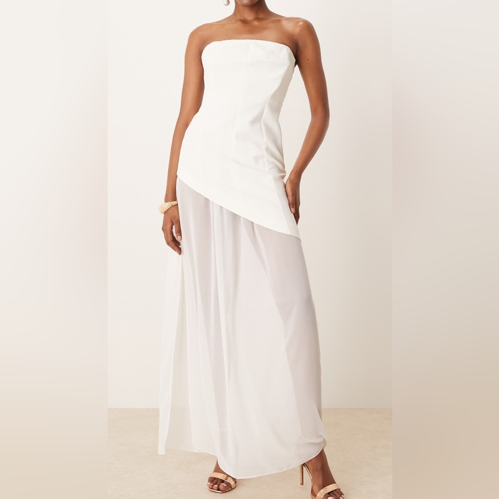 ASOS White Strapless Midi Dress With Sheer Bottom